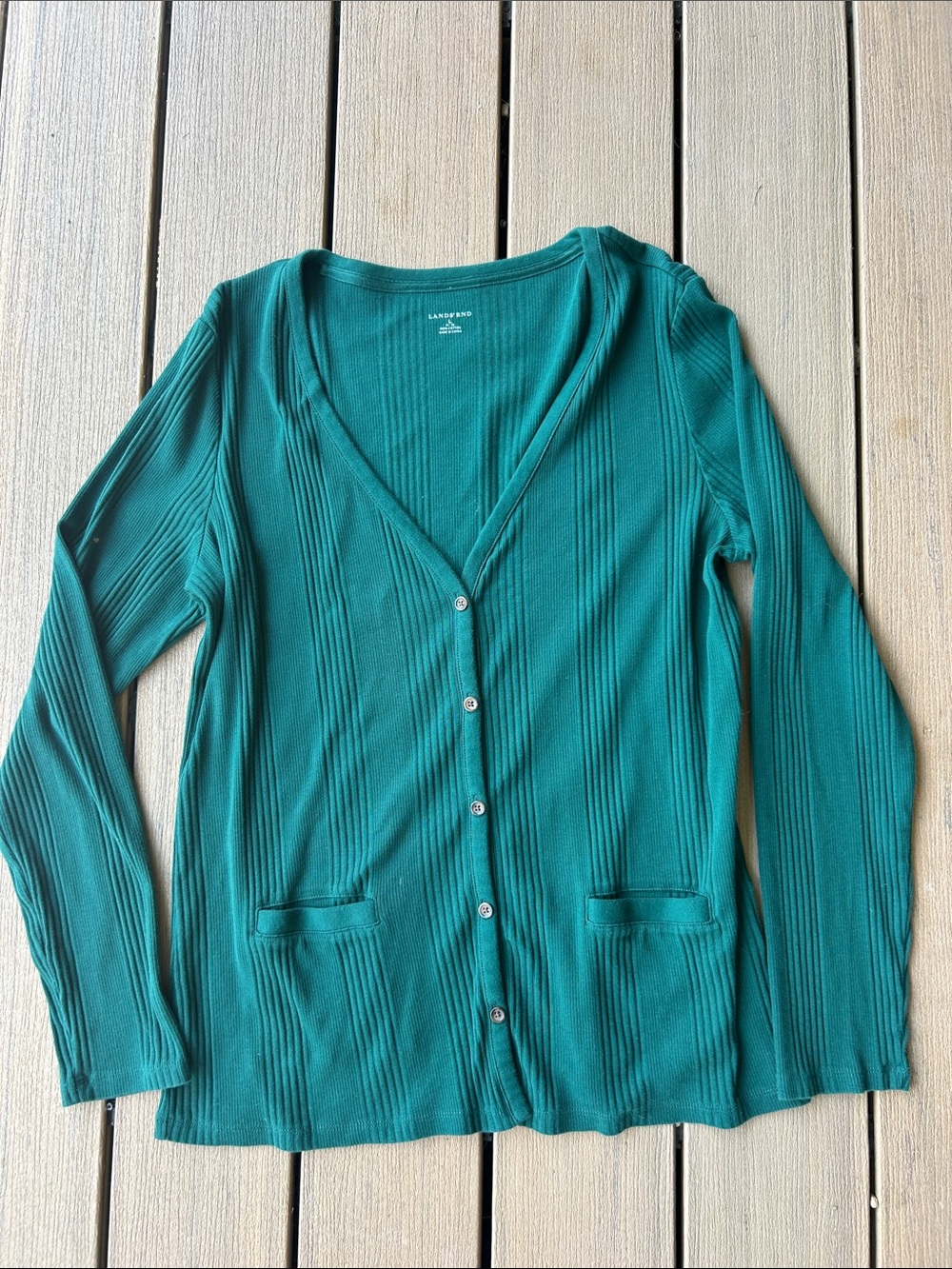 Lands End emerald green cotton button front ribbed cardigan size Large